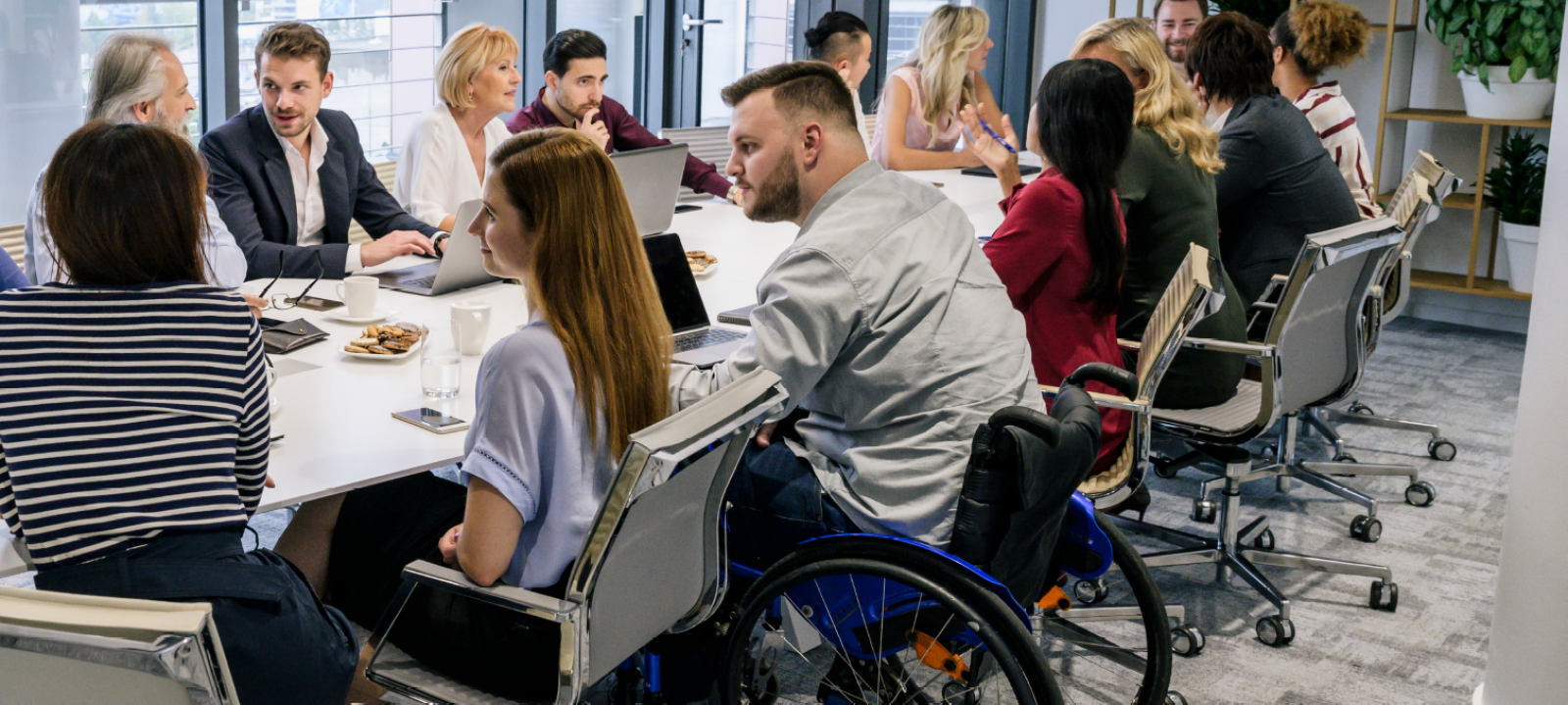 An image of a board meeeting of around 16 people seated around a large table in front of daylit windows.