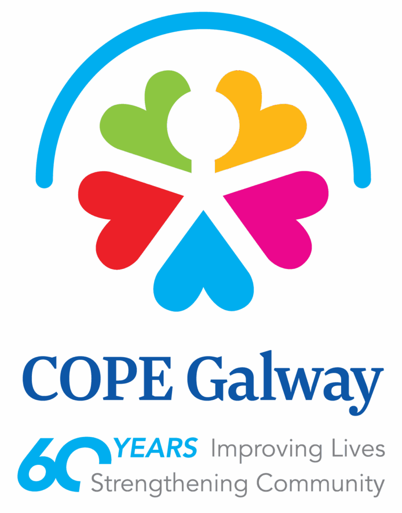 COPE Galway logo with six colorful heart shapes forming a circular design above the text COPE Galway. Below, it reads 60 years Improving Lives Strengthening Community in blue and gray text.
