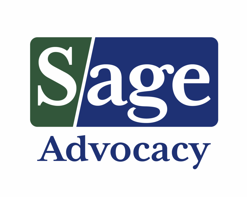 The image shows a logo with the word Sage in a blue and green rectangle above the word Advocacy in blue text on a white background.