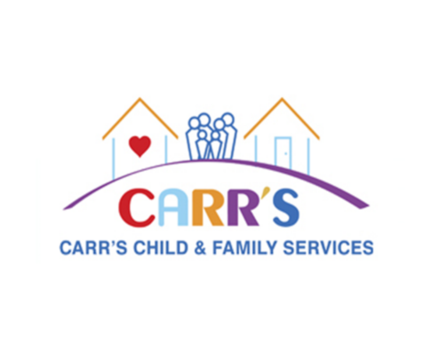 Logo for Carrs Child & Family Services. It shows two outlined houses, a group of people in the center, and the word CARRS in colorful letters below. The text CARRS CHILD & FAMILY SERVICES is underneath.