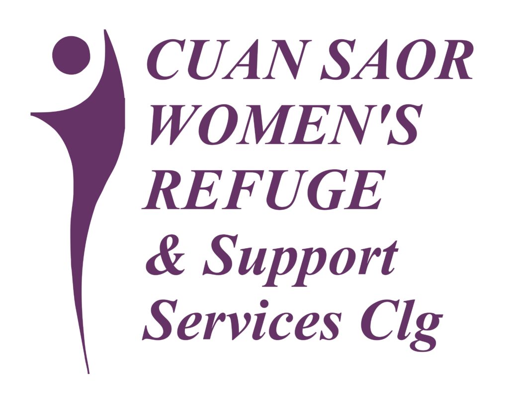 Logo for Cuan Saor Womens Refuge & Support Services Clg. The design includes purple text and a simple abstract figure on the left.