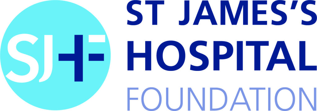 Logo for St Jamess Hospital Foundation. A blue circle with white SJ and a blue plus sign is on the left, and the name ST JAMESS HOSPITAL FOUNDATION appears in blue and light purple text on the right.