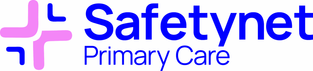 Safetynet Primary Care logo with a pink and purple abstract cross on the left and the company name in blue text on the right.
