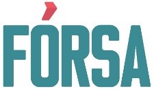 The image shows the word FÓRSA in teal uppercase letters with a red arrow above the letter O..