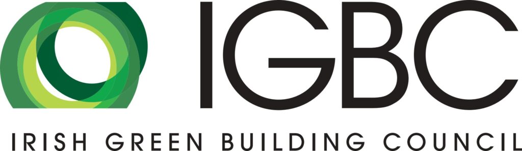 Irish Green Building Council logo. Abstract green and yellow circular icon on the left, with large black letters IGBC to the right. The words Irish Green Building Council appear below in smaller black text.