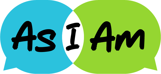 Two overlapping speech bubbles, one blue and one green, with the words As I Am written in bold black letters across both bubbles.