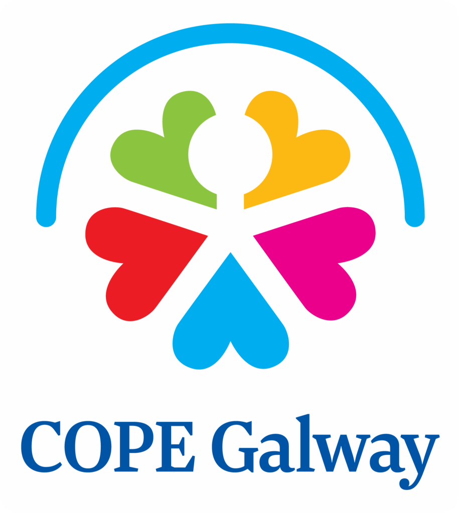 COPE Galway logo with four heart-shaped petals in green, yellow, pink, and red around a central circle, enclosed by a blue semi-circle. COPE Galway is written in blue text below the logo.