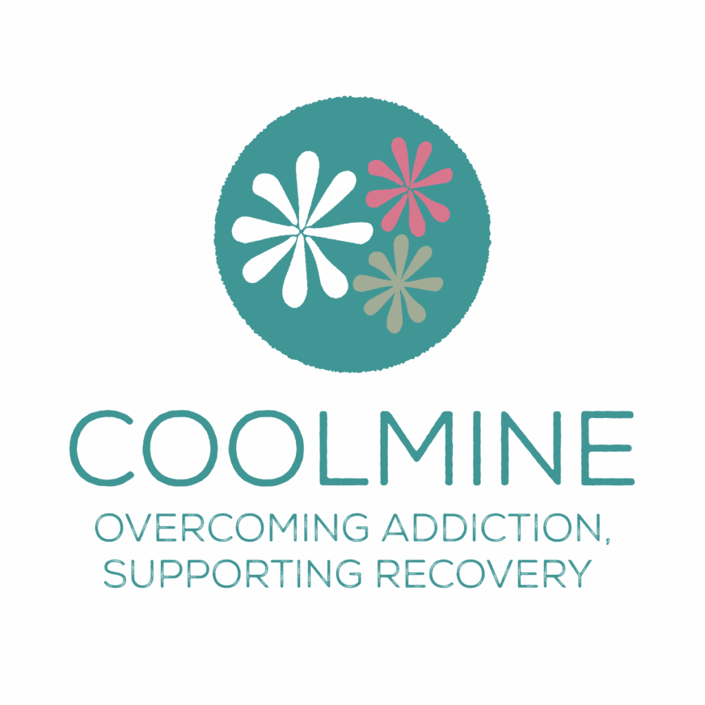 Coolmine logo with three stylized floral shapes in a teal circle above the words Coolmine Overcoming Addiction, Supporting Recovery in teal uppercase letters on a white background.