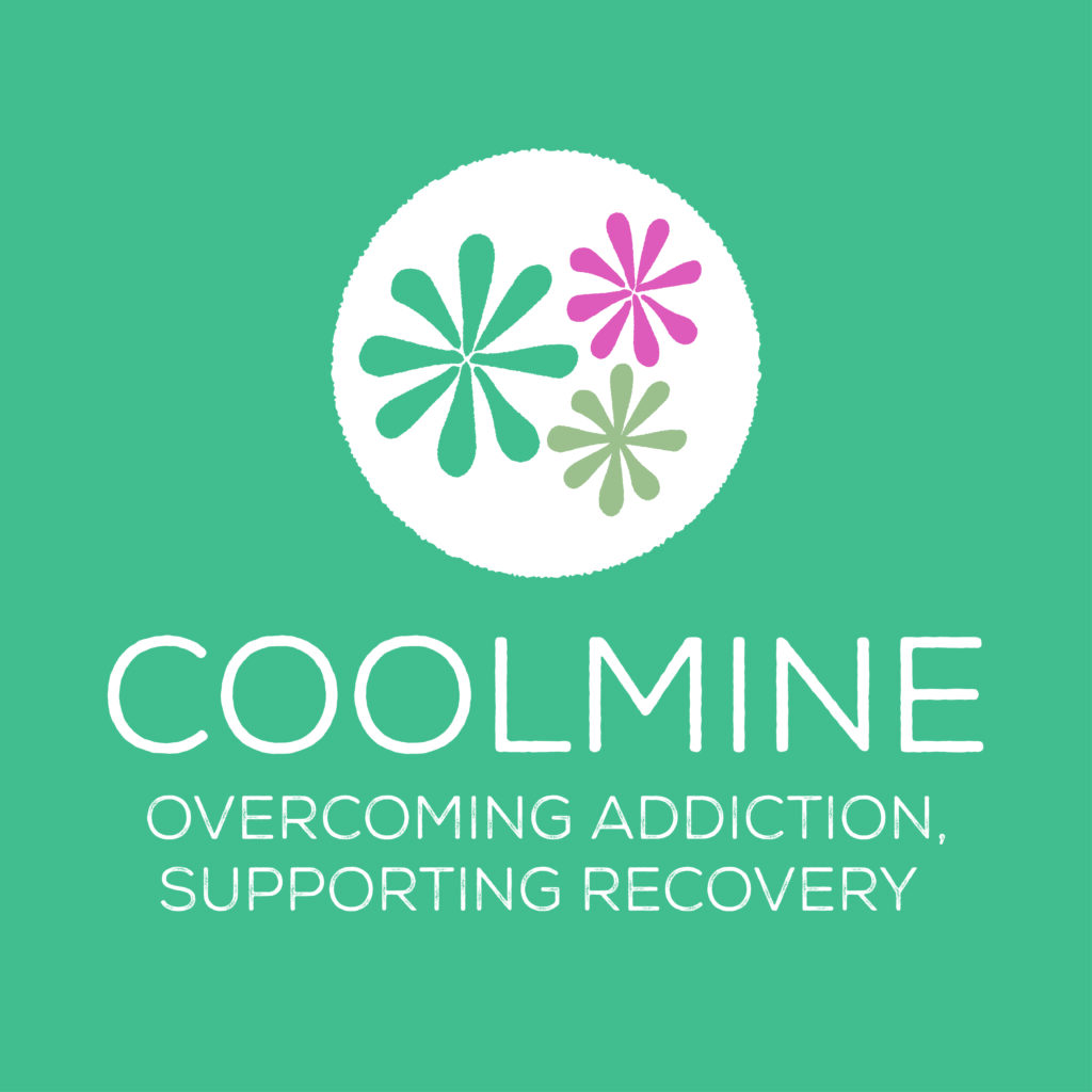 Coolmine logo featuring three stylized flower shapes in a white circle above the text: COOLMINE Overcoming Addiction, Supporting Recovery, all on a green background.