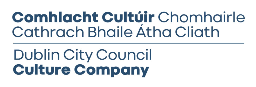 Logo with Irish and English text: Comhlacht Cultúir Chomhairle Cathrach Bhaile Átha Cliath and Dublin City Council Culture Company. Text is in blue on a white background.