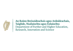 Logo of the Department of Further and Higher Education, Research, Innovation and Science, featuring the department name in Irish and English with a gold harp symbol on the left.