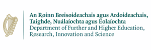 Logo of the Department of Further and Higher Education, Research, Innovation and Science, featuring text in both Irish and English, and a gold harp symbol on the left. Ideal for nonprofit or community initiatives related to education and research.