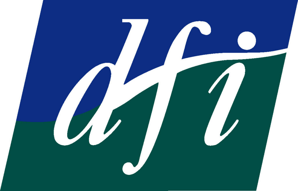 Stylized lowercase letters dfi are centered on a two-tone background with a blue upper section and a green lower section, separated by a curved line. The letters are white and slightly italicized.