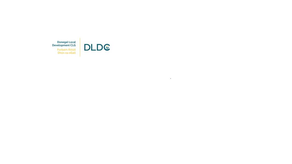 The image shows the Donegal Local Development CLG logo on the left and the initials DLDC in blue and gold capital letters on the right, both set against a plain white background.