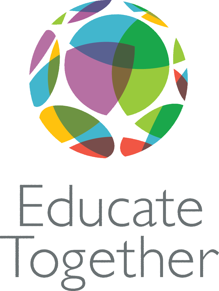 A colorful, abstract globe made of overlapping shapes appears above the words Educate Together in gray text on a white background.