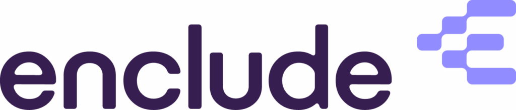 The image shows the word enclude in bold, rounded lowercase letters with a purple gradient symbol made of staggered blocks on the upper right side. The background is light gray.