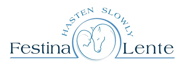Logo with the words Festina Lente in large text, Hasten Slowly in smaller curved text above. In the center is a line drawing of a human face and a horse facing each other, outlined in blue.
