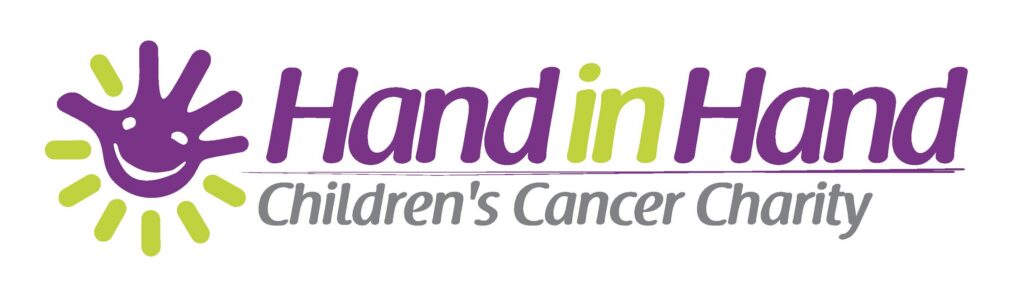 Logo for Hand in Hand Childrens Cancer Charity with a purple text and a green smiling handprint design on the left. The words Hand in Hand are above Childrens Cancer Charity..