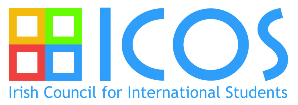 The ICOS logo features four colored squares on the left and the acronym ICOS in blue on the right. Below, it reads Irish Council for International Students in blue text.