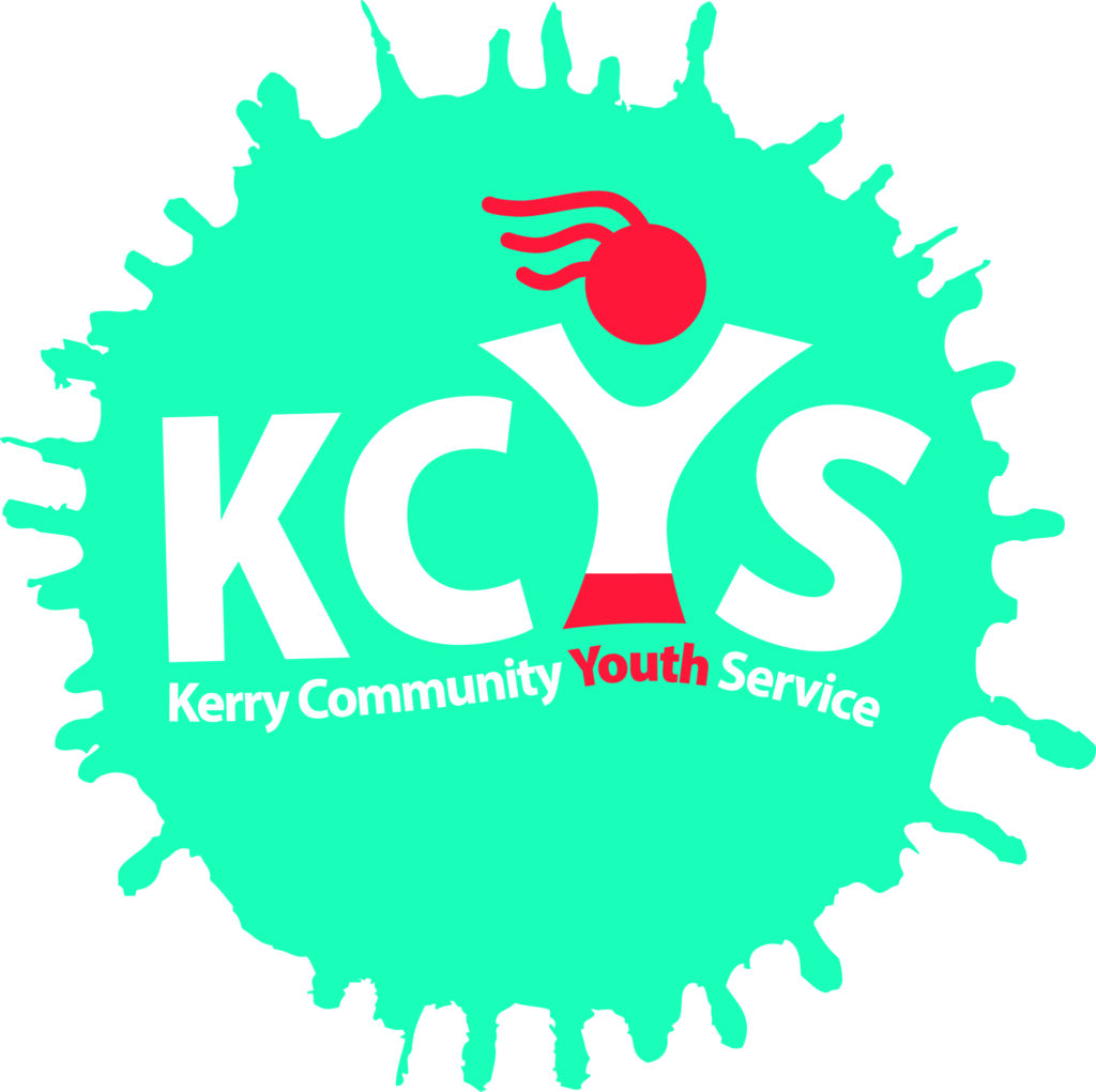 KCYS logo with text Kerry Community Youth Service. A stylized figure with a red head and three red lines is part of the design. The background is a teal paint splatter shape.