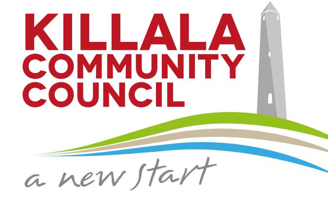 Logo for Killala Community Council featuring large red text, a stylized green and blue landscape, a round tower, and the phrase a new start in script below.
