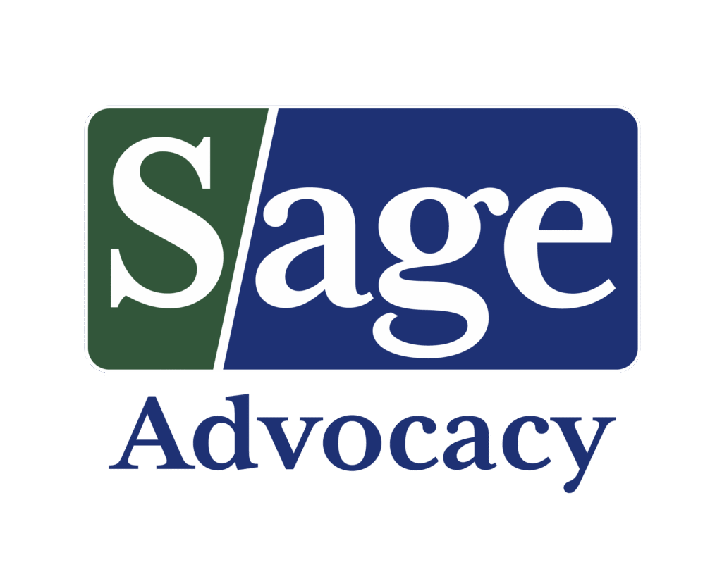 Logo with the word Sage in large white text on a green and blue background, divided diagonally, above the word Advocacy in blue text on a white background.