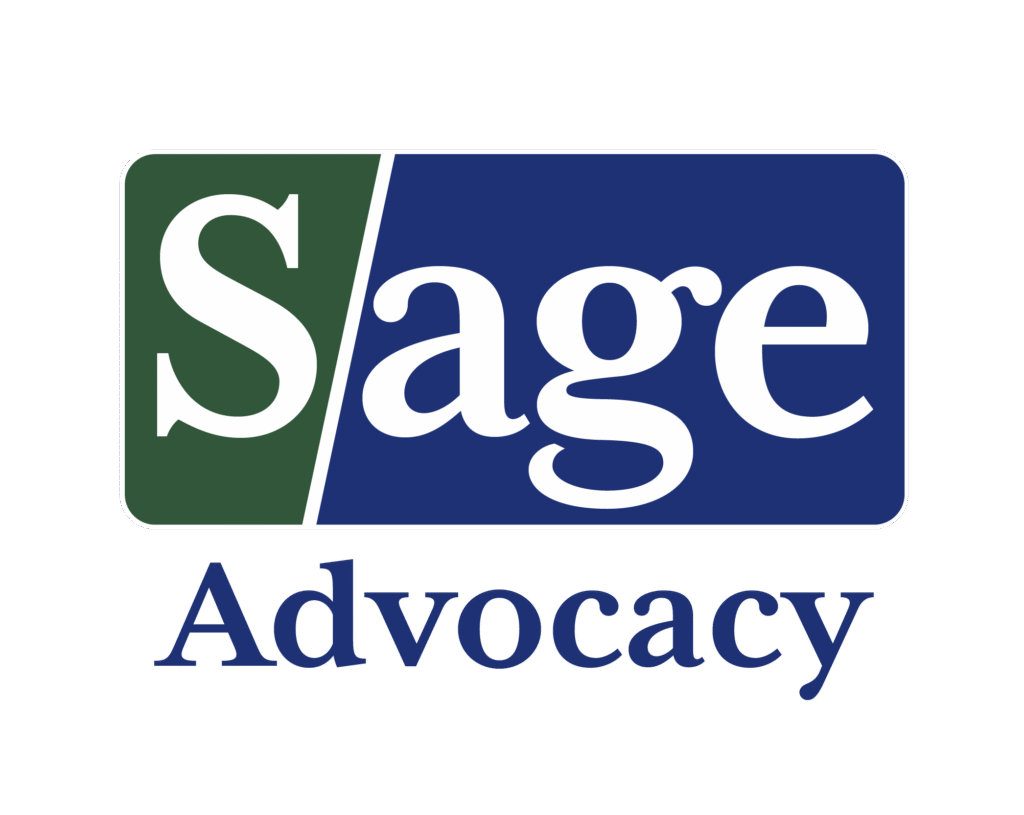 Logo showing the word Sage in white text on a green and blue background, with a diagonal division. Below, the word Advocacy appears in blue text on a white background.