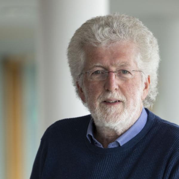 An man with white hair, a beard, and glasses is wearing a blue sweater over a collared shirt. He is standing indoors in front of a blurred background with neutral colors and a white column visible.