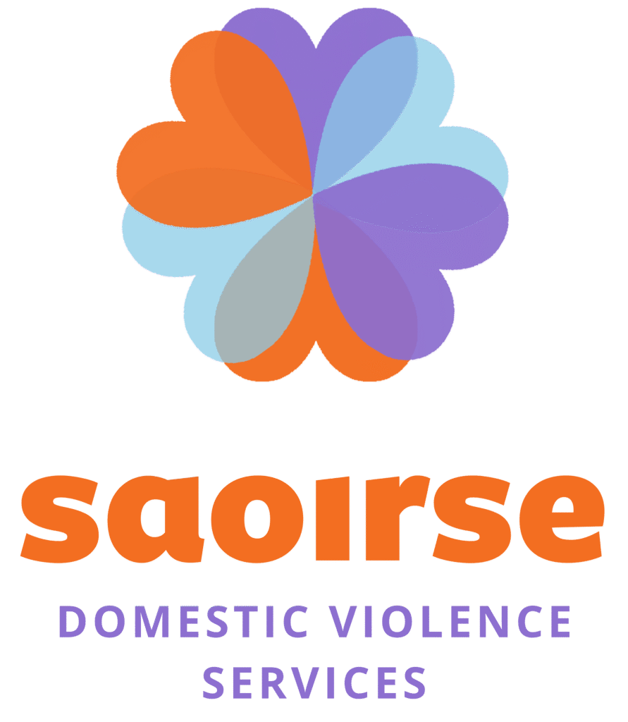 A flower-shaped logo in orange, purple, and light blue above the words saoirse DOMESTIC VIOLENCE SERVICES in orange and purple capital letters on a white background.