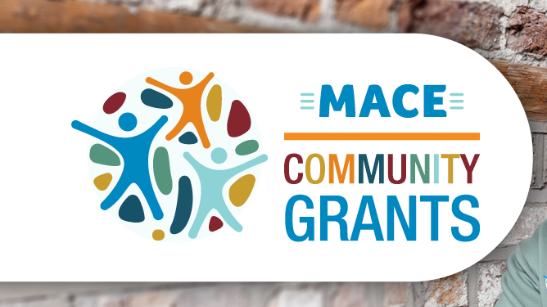 A circular logo with three stylized figures in blue, orange, and green. Next to it, text reads MACE COMMUNITY GRANTS in blue, orange, and green letters on a white background.
