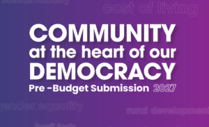 White text on a purple gradient background reads: Community at the heart of our democracy. Pre-Budget Submission 2027. Faint words like cost of living and gender equality are in the background.