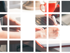 A collage-style grid showing a close-up of hands typing on a laptop, a red mug, and a notebook, with some squares left blank, creating a fragmented effect.