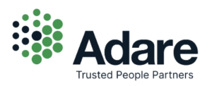 Adare logo with green and black dots forming a circular pattern on the left. To the right, the text reads Adare in bold, with Trusted People Partners below in smaller letters.