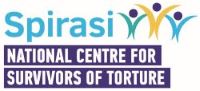 The Spirasi logo with text National Centre for Survivors of Torture and three abstract human figures in blue, green, and yellow with arms raised.