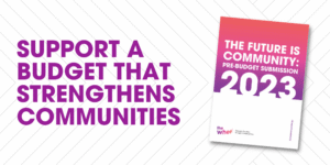 Purple text reads Support a budget that strengthens communities. Next to it is a booklet titled The Future Is Community: Pre-Budget Submission 2023 with a pink and purple gradient cover.