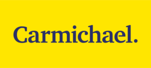 The word Carmichael. in dark blue serif font appears centered on a solid yellow background.