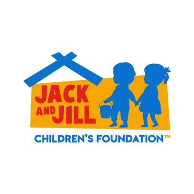 Logo of Jack and Jill Childrens Foundation showing silhouettes of a boy with a bucket and a girl holding hands, under a blue roof shape, with the organizations name in red and blue text.