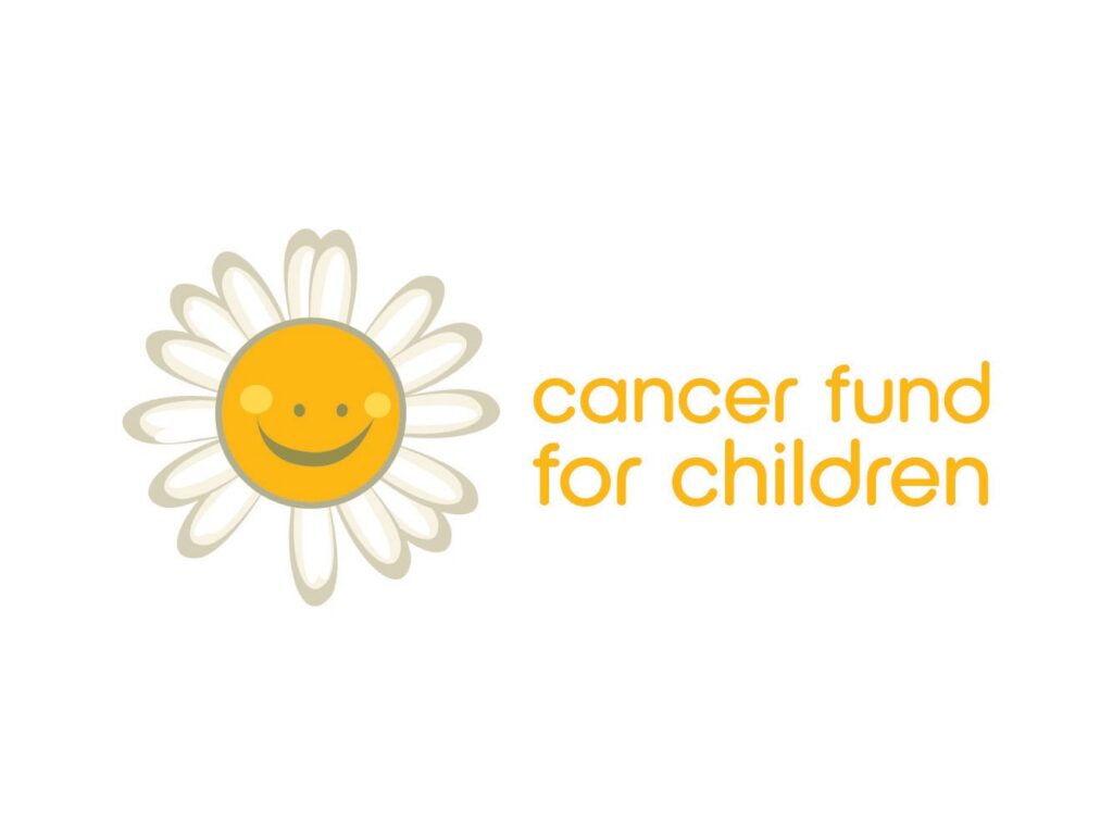 A yellow daisy with a smiley face in the center is next to the text cancer fund for children written in lowercase orange letters on a white background.