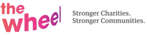 Logo for the wheel in pink and purple gradient text, next to the tagline Stronger Charities. Stronger Communities. in gray font on a light background.