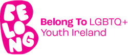 Logo for Belong To LGBTQ+ Youth Ireland with a large pink letter B on the left and the organization name in pink text on the right, all on a light background.