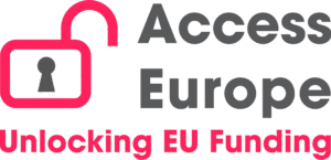 A pink open padlock icon next to the words Access Europe Unlocking EU Funding in gray and pink text on a white background.