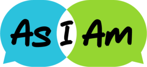 Two speech bubbles overlap, one blue on the left and one green on the right, with the words As I Am in large black text across both bubbles.
