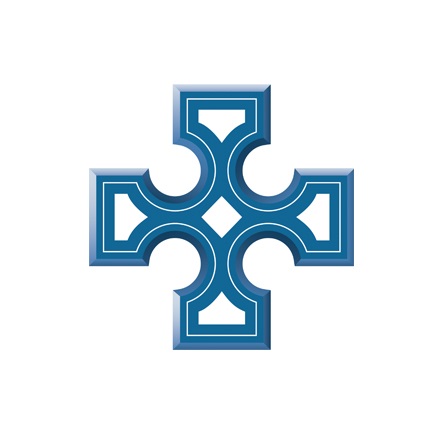 Blue geometric cross with rounded arms and white accents, forming four symmetrical sections with arch-like shapes and a small diamond shape in the center. The design has a beveled 3D effect.
