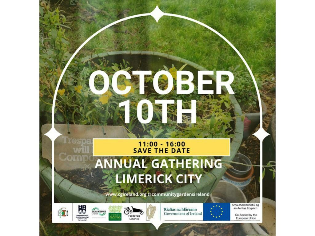 Event poster with a photo of a garden planter. Text reads: October 10th, 11:00-16:00, Save the Date, Annual Gathering Limerick City. Includes logos and website details at the bottom.