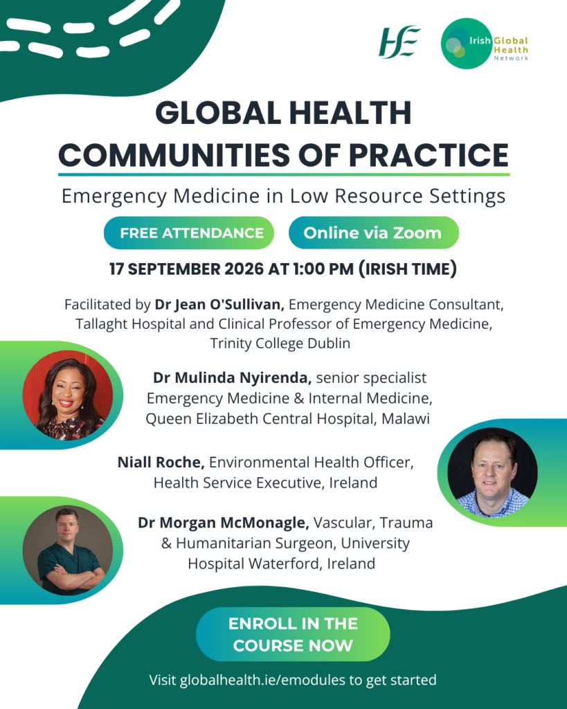 Event poster for a virtual seminar on emergency medicine in low-resource settings, featuring speaker photos, event details, and a call to action to enroll. The session takes place on September 17, 2026, via Zoom.