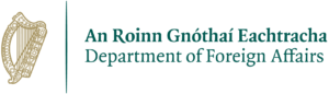 Logo with an Irish harp on the left and bilingual text on the right reading An Roinn Gnóthaí Eachtracha Department of Foreign Affairs in green.