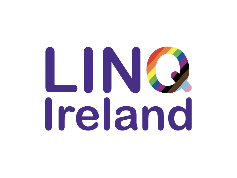 The image displays the text LINQ Ireland in purple. The letter Q features a rainbow with additional brown, black, light blue, pink, and white stripes, representing the Progress Pride flag. The background is white.