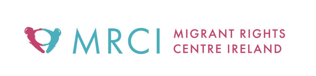Logo for Migrant Rights Centre Ireland (MRCI) featuring a teal and pink bear icon on the left, with MRCI in teal and Migrant Rights Centre Ireland in pink on the right, all on a white background.