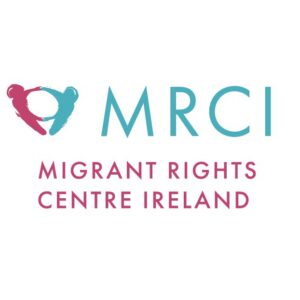 Logo with a stylized graphic of two abstract figures in a circle, followed by the text MRCI in teal and Migrant Rights Centre Ireland in pink below. White background.