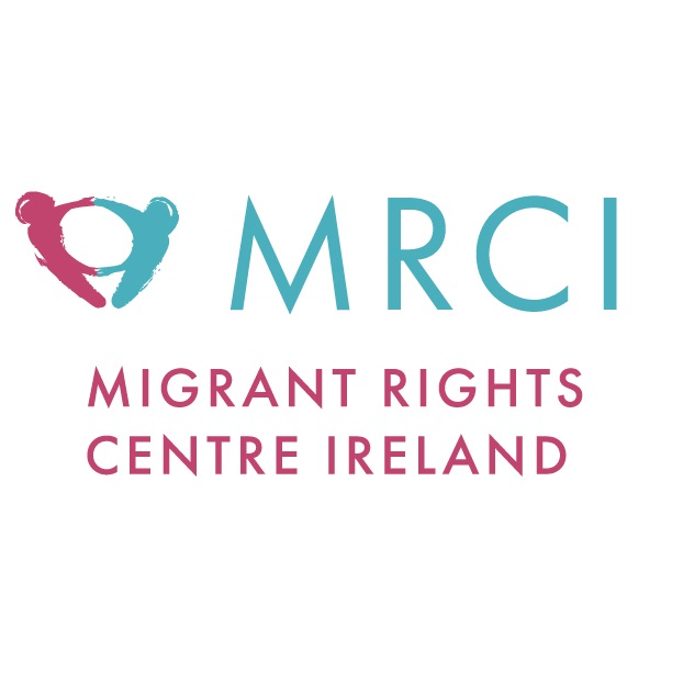 Logo with a stylized graphic of two abstract figures in a circle, followed by the text MRCI in teal and Migrant Rights Centre Ireland in pink below. White background.